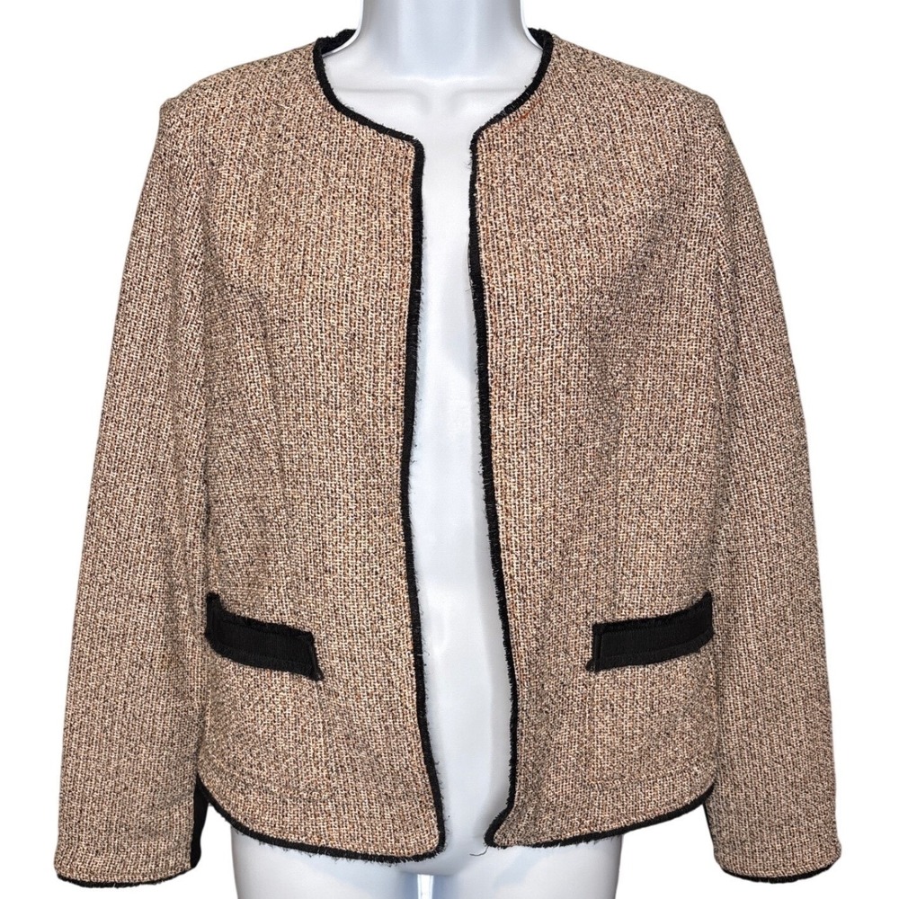 Donna Karan New York Women Brown Tweed Open Front Blazer Jacket Sz 0 Career Chic